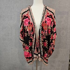 Angie Womens Black Pink Floral Boho‎ Print Kimono Cardigan Size S